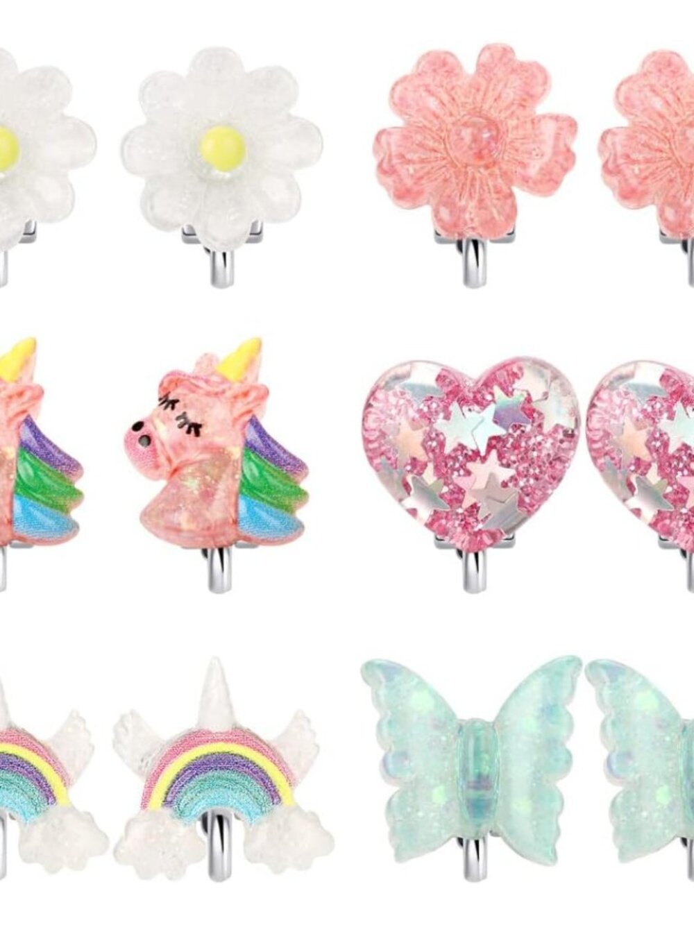 6Pairs Crystal Unicorn Clip On Earrings for Little Girls, Rainbow Clip-on Jewelr